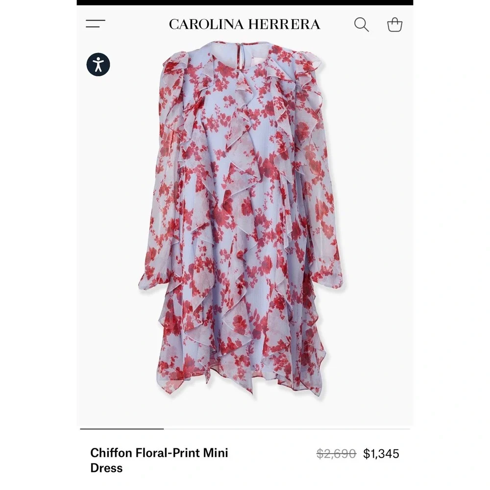 Carolina Herrera Floral Silk Chiffon Ruffle A-Line Mini Dress Blue Print Size 10 - Picture 9 of 15